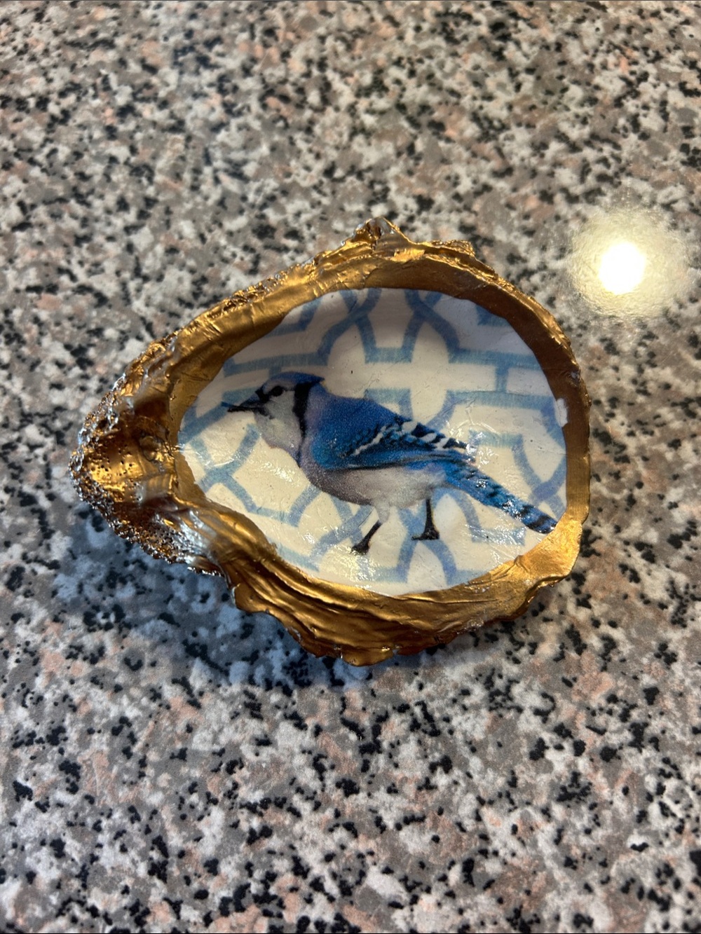 Gold-Trim Decoupage Oyster Shell Blue Jay trinket dish